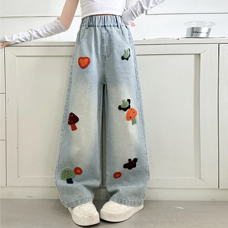 女童春季牛仔裤2025新款洋气时尚毛巾绣阔腿裤6-12岁中大童休闲裤