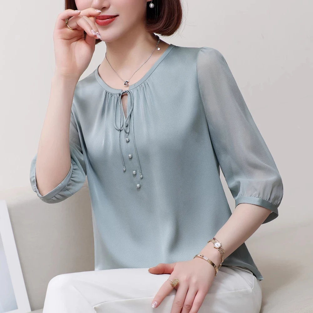 2025夏重磅真丝衬衫女中袖小衫洋气妈妈装时尚百搭显瘦桑蚕丝上衣