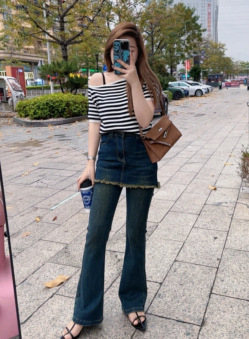 大顾家【好版型】小个子定制牛仔毛边半裙连体牛仔微喇裤