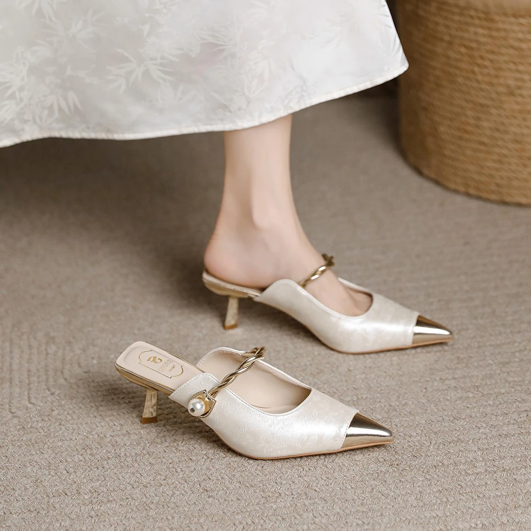 【DICECK官方正品】新中式国风高跟鞋女夏外穿半拖鞋细跟尖鞋子