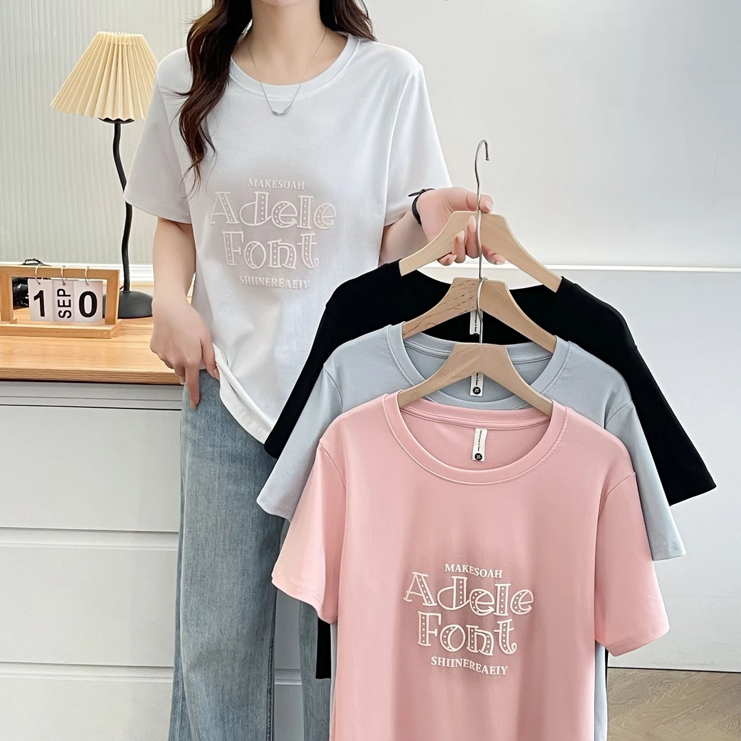 大码胖mm时尚百搭设计感发泡字母印花T恤女夏季新款遮肉休闲上衣