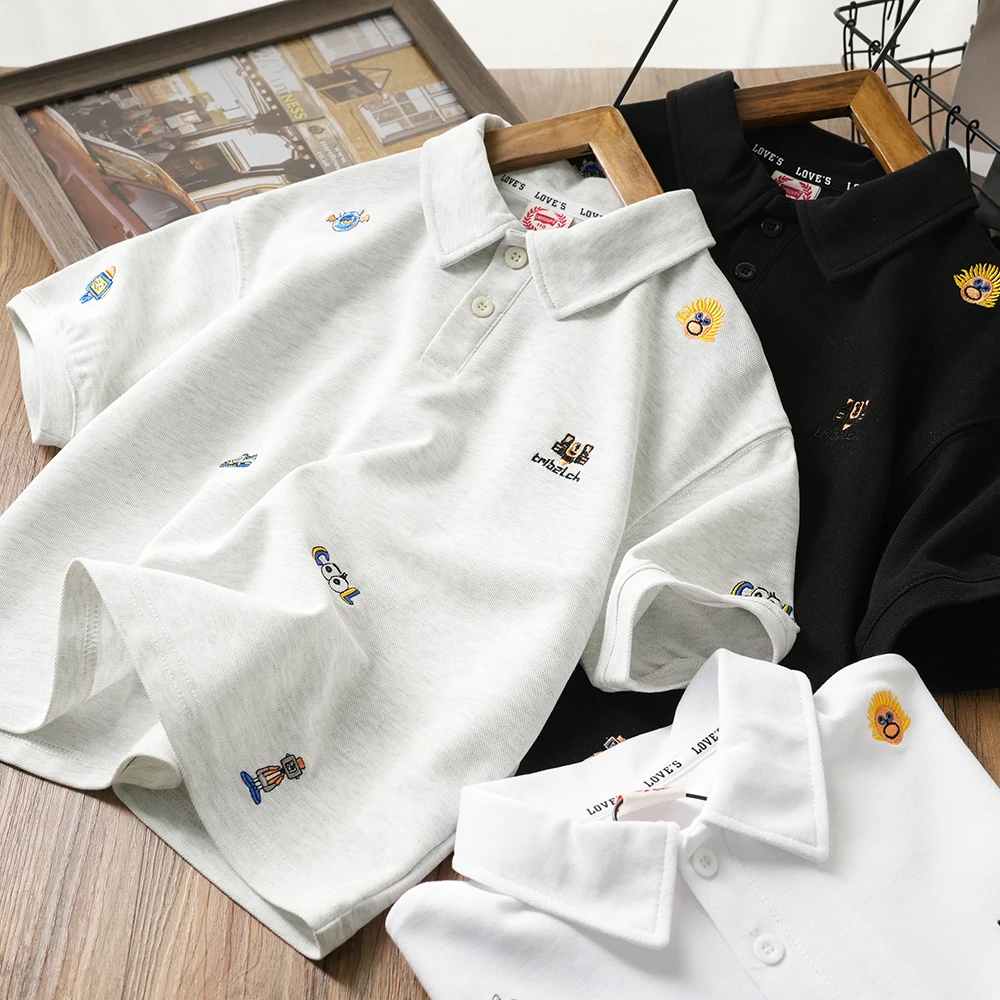 儿童夏季新款卡通趣味刺绣百搭polo衫中大童男童翻领上衣S923