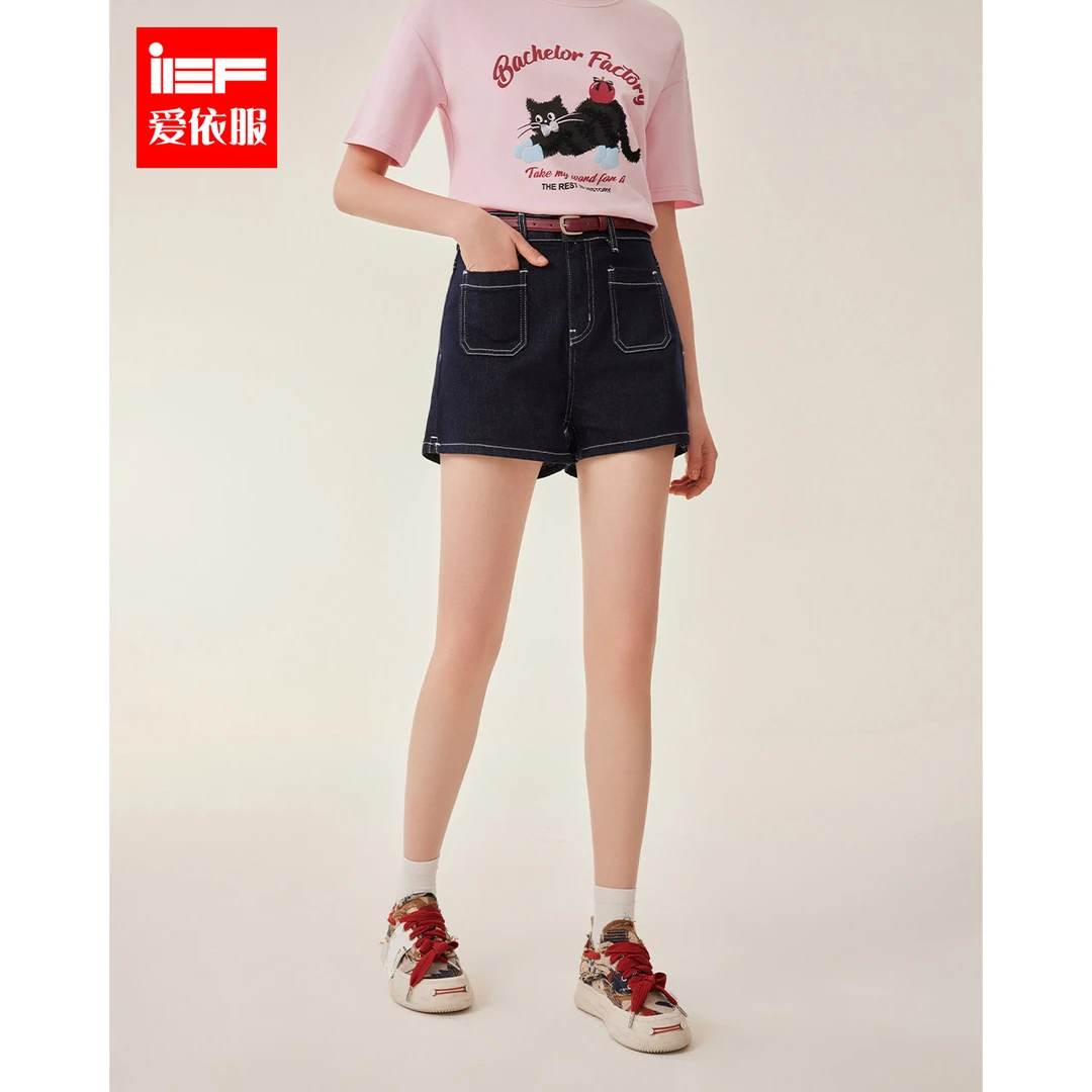 IEF/爱依服2025夏季新款港式小众设计通勤百搭高腰牛仔短裤流光风