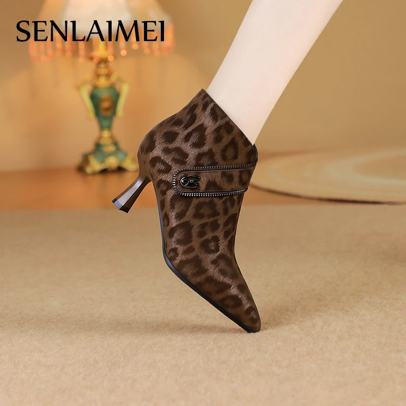 豹纹短靴/牛皮/33-41/8940新款女鞋2024年冬豹纹真皮细跟短靴女靴