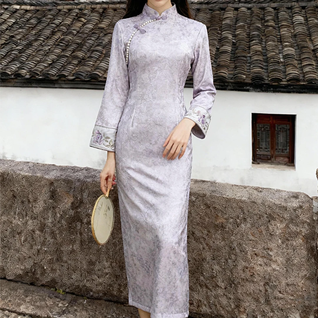 俏娘鱼紫色优雅新中式倒大袖旗袍女2025冬季新款加绒保暖上班可穿