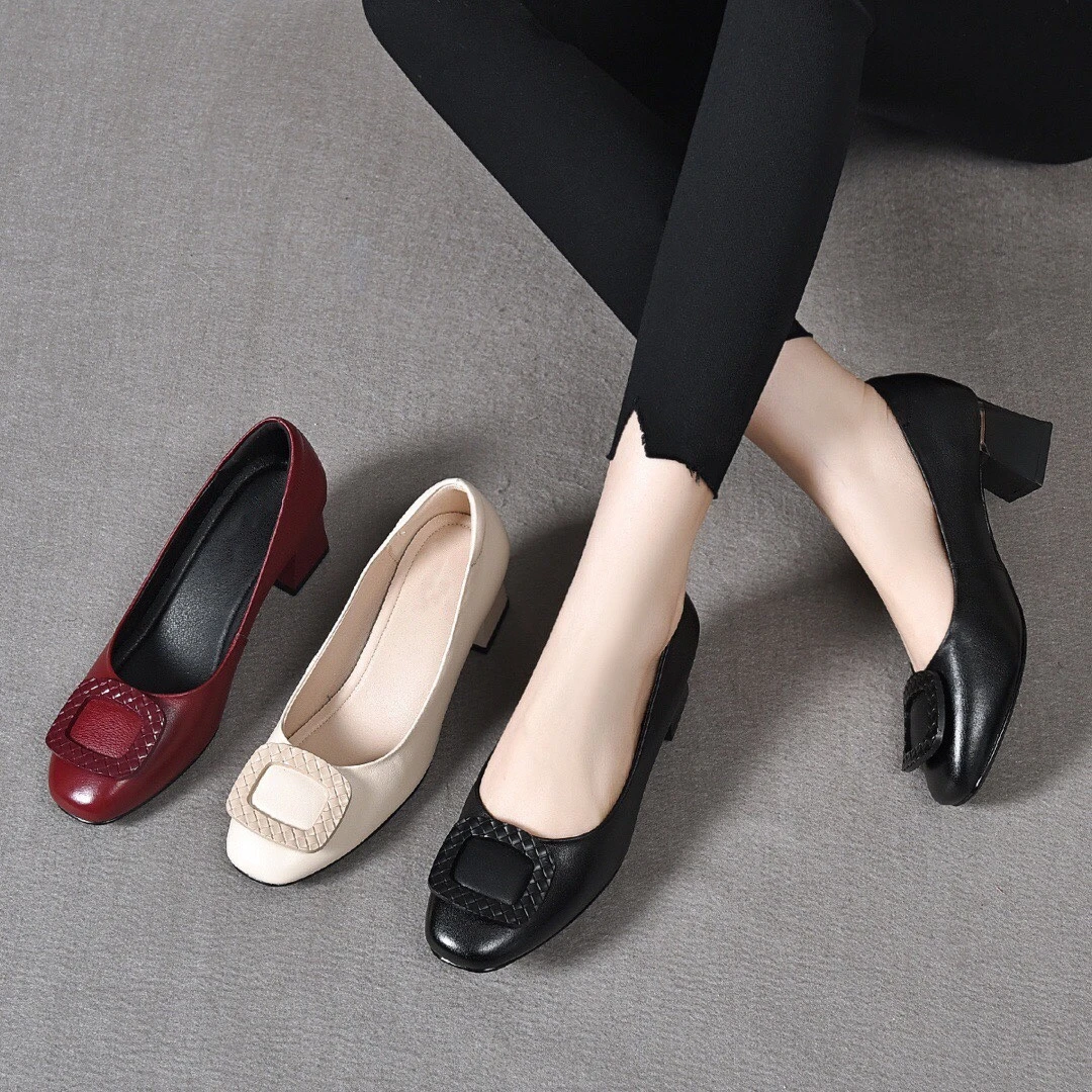 圆头大码414243单鞋妈妈鞋小码33真皮中跟粗跟一脚蹬豆豆鞋妈妈鞋