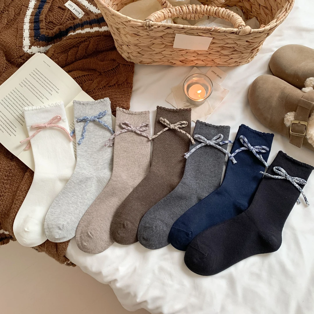 【半熟甜心】格子蝴蝶结|秋冬百搭ins韩系纯色花边堆堆袜森系jk棉袜