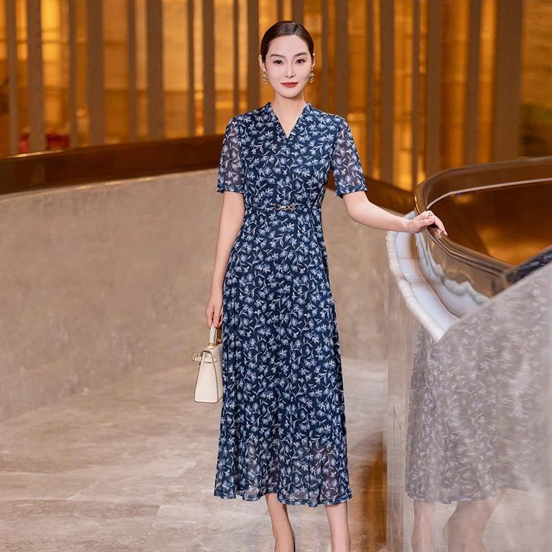 黛蓝--首尚格释2025夏季新款时尚优雅弹力印花连衣裙女收腰显瘦