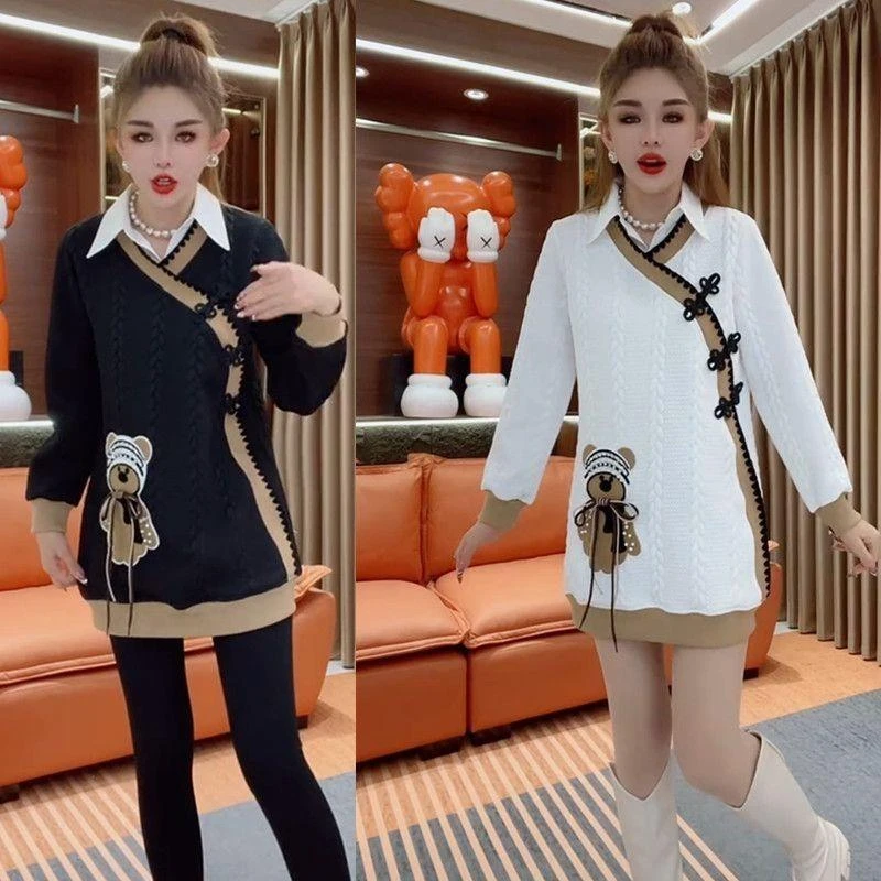 秋冬款时尚polo领盘扣小熊设计洋气中长款卫衣简约女款加厚上衣潮