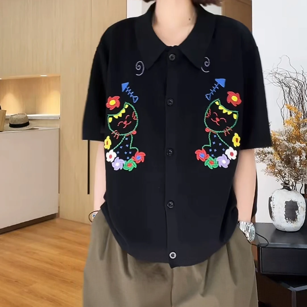 设计感时尚气质宽松POLO衫T恤2025夏季新款女士潮流印花通勤上衣