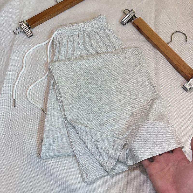 夏季女士睡裤螺纹宽松阔腿裤柔软舒适透气高腰休闲家居裤直筒长裤