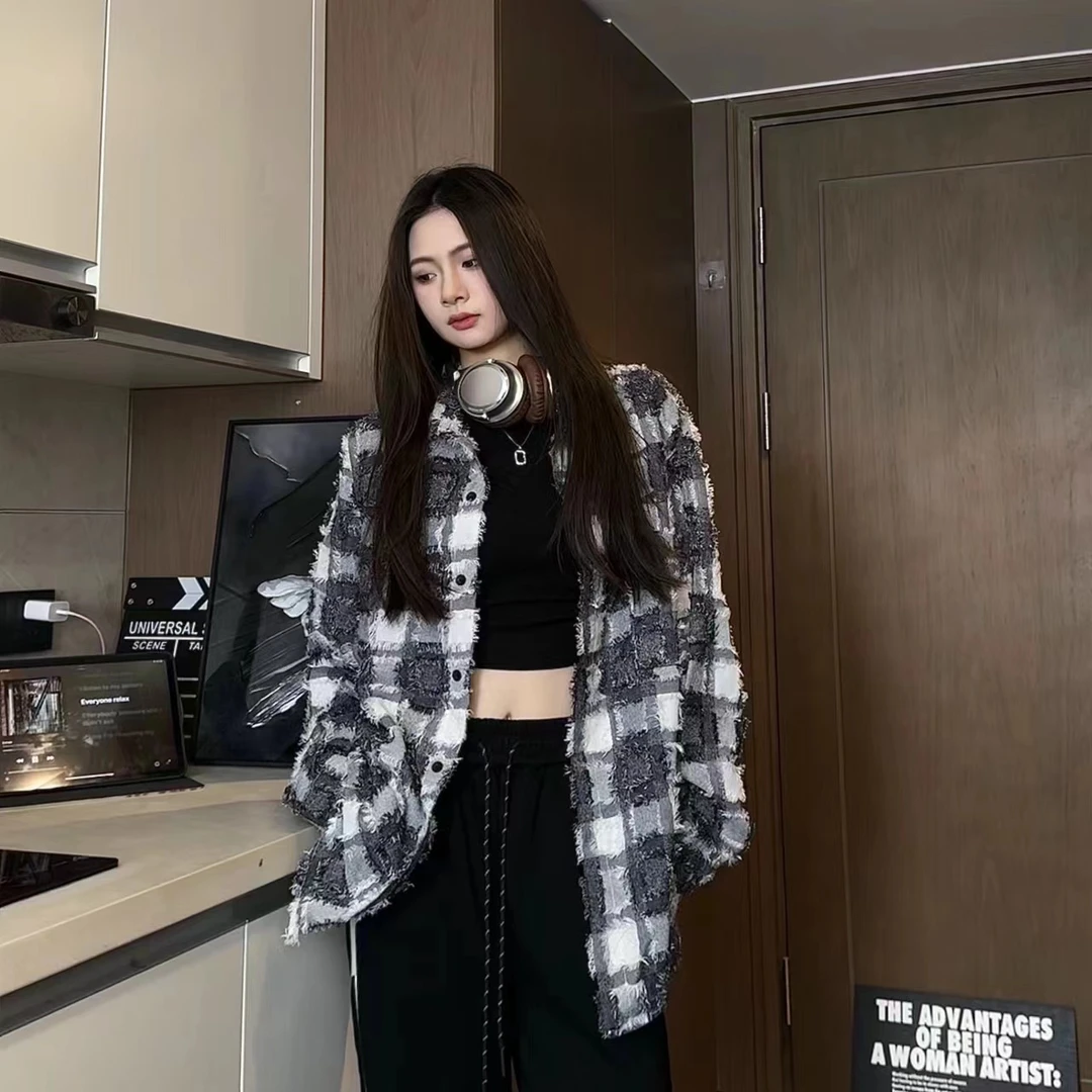 Sendian【森殿】潮流宽松流苏格子衬衫男女百搭小香风薄款情侣外套