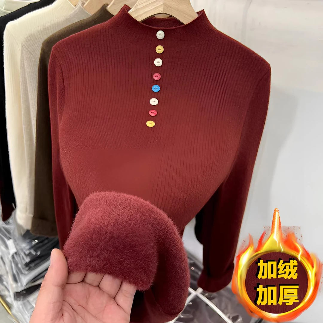 8077#安可拉红加厚一体绒半高领彩扣长袖上衣女秋新款加厚打底衫
