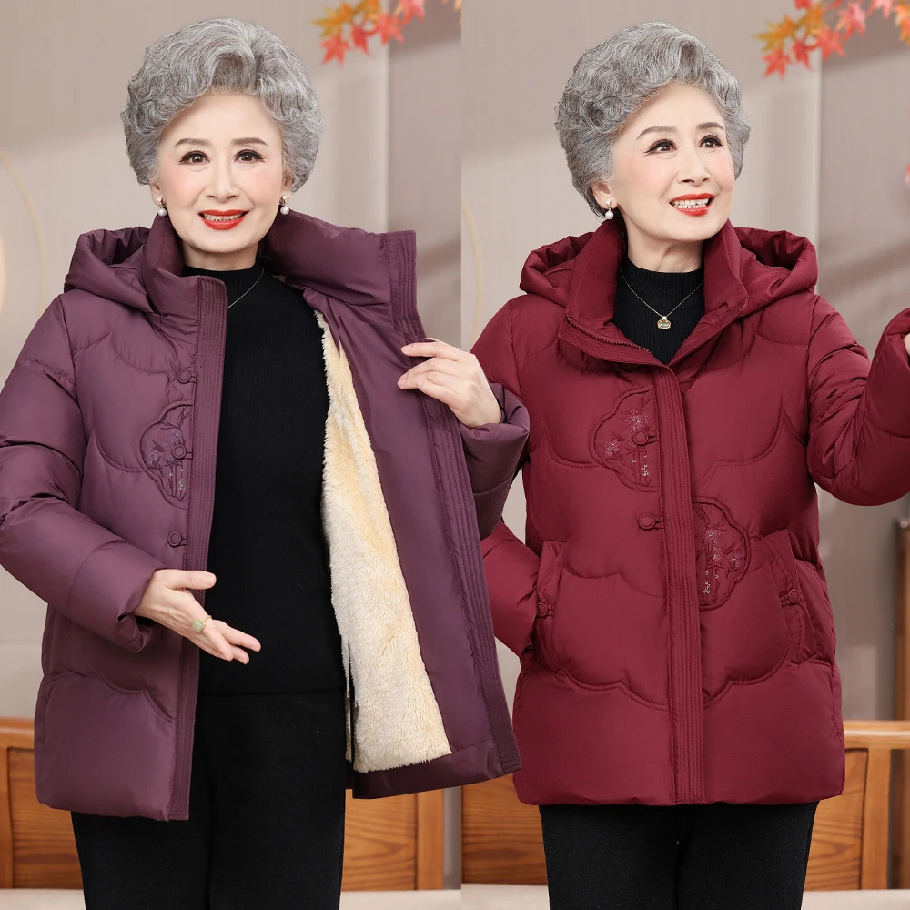 奶奶装冬装连帽棉衣妈妈装加绒加厚外套老人衣服老太太棉服
