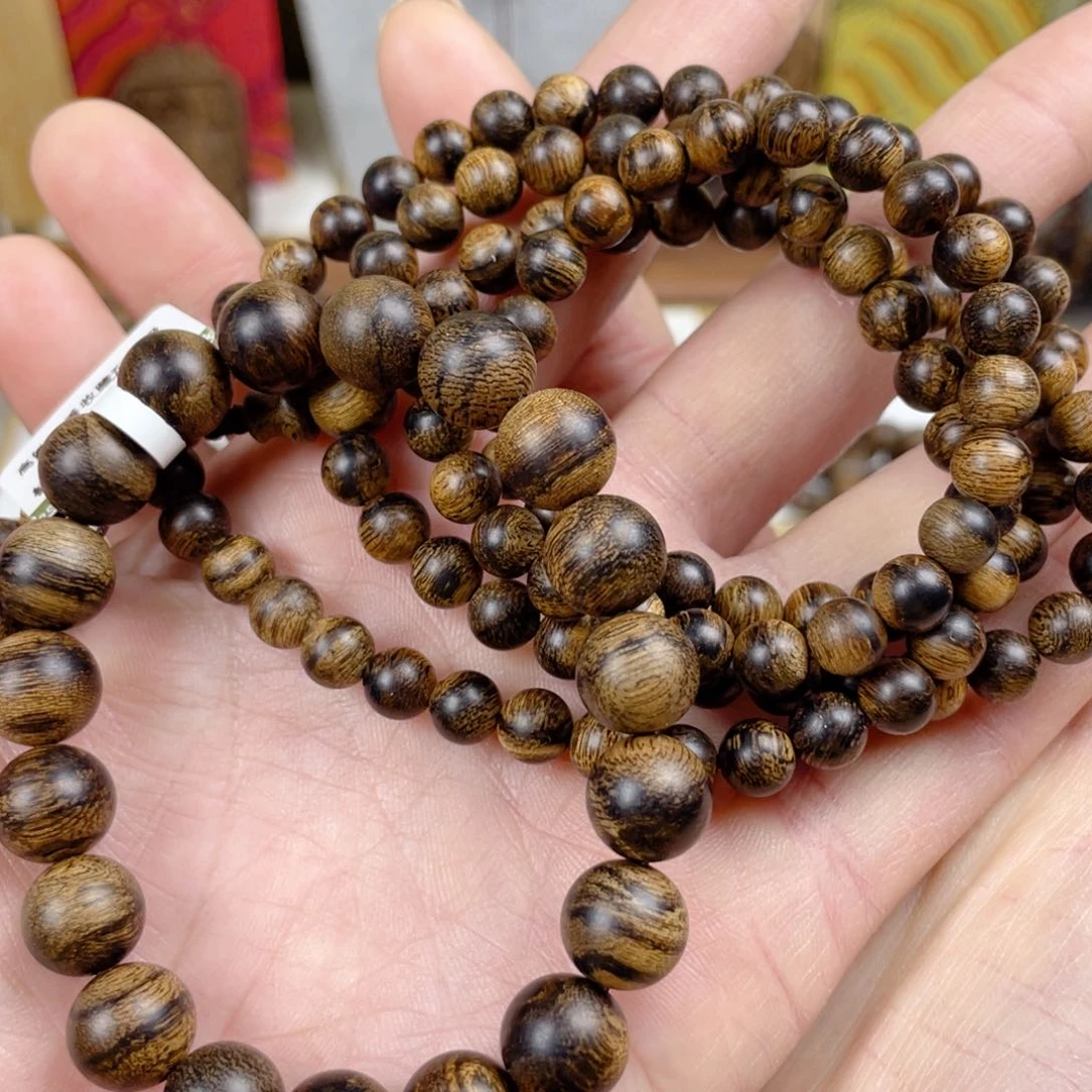 沉香手串土**?越南芽庄白棋老料满瘤疤虎斑纹