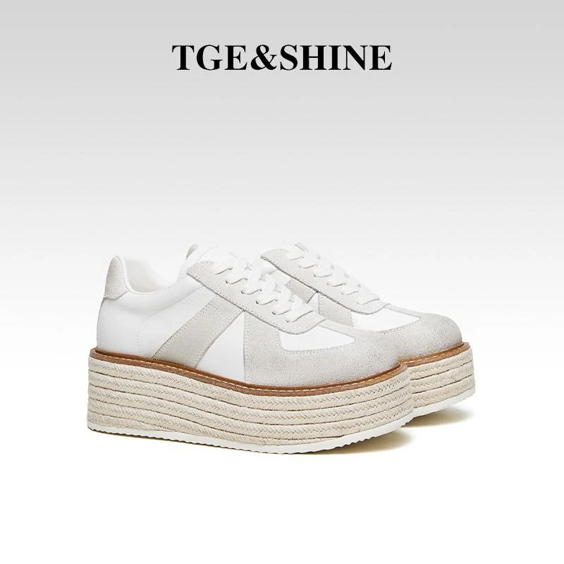 TGESHINE 2025春夏新款真皮拼色女鞋麻绳底增高德训鞋休闲松糕鞋