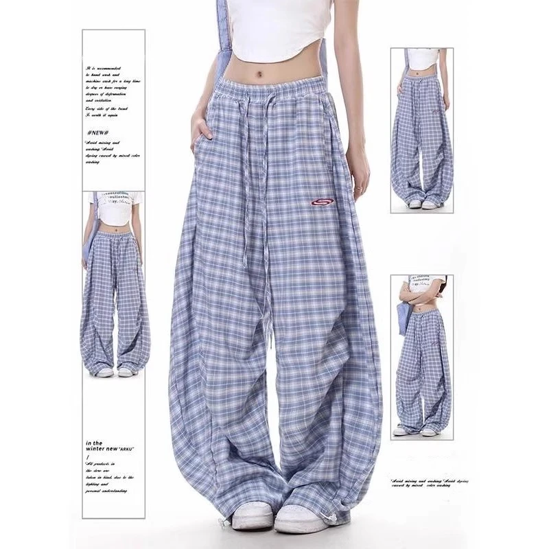 大码美式复古蓝色弯刀格子裤女2025宽松慵懒垂坠感阔腿休闲长裤子