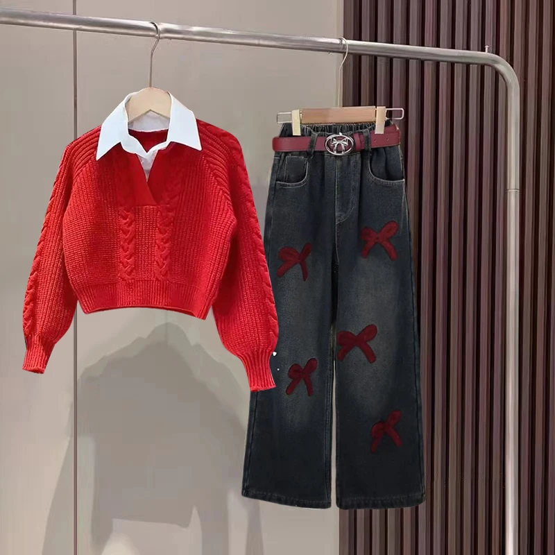 女童秋装2025新款两件套装春秋冬儿童毛衣女孩时髦加绒洋气牛仔裤
