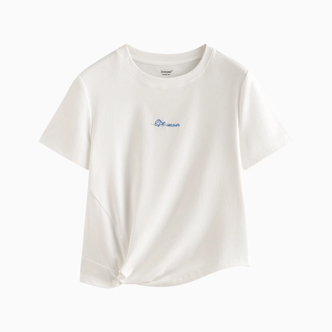 时尚扭结短袖T恤女2025夏季百搭简约绣花正肩休闲舒适上衣