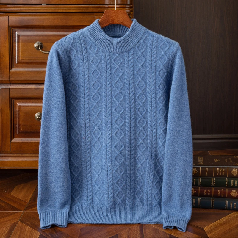 秋冬男士100羊 毛半高领毛衣扭花通勤内搭商务休闲针织打底