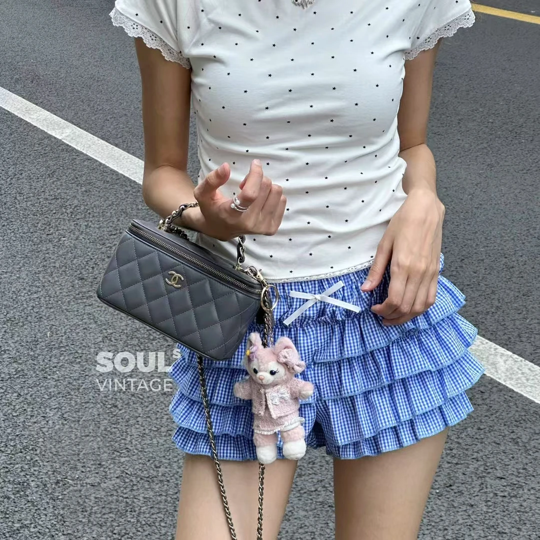 95新 Chanel/香奈儿 Chanel 灰金羊皮双C手柄23k长盒子 621077886