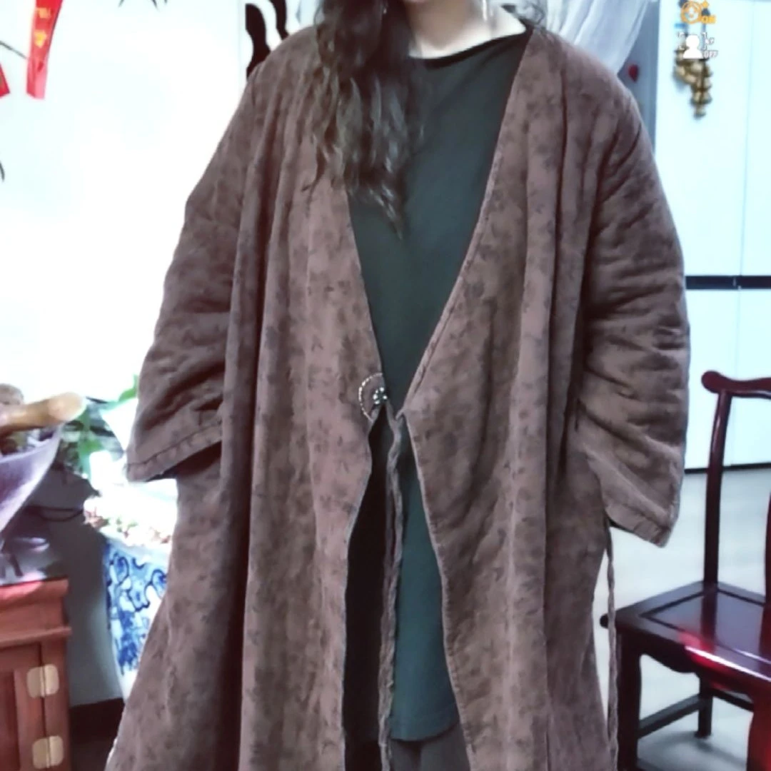 冬季新款斜襟系绳长款棉服