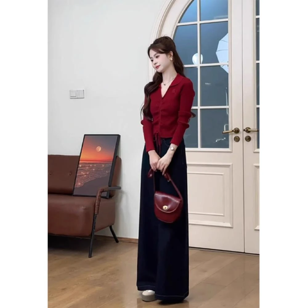 一整套入秋穿搭女气质高级感炸街时髦别致绝美红色针织衫两件套装