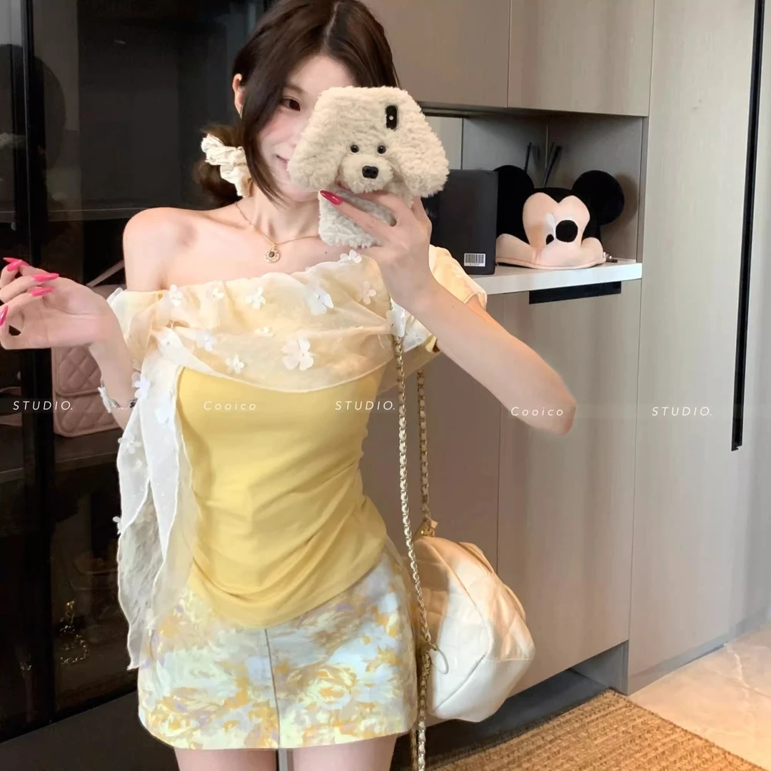 大码胖MM假两件露肩短袖T恤女夏季设计感百搭显瘦别致不规则上衣