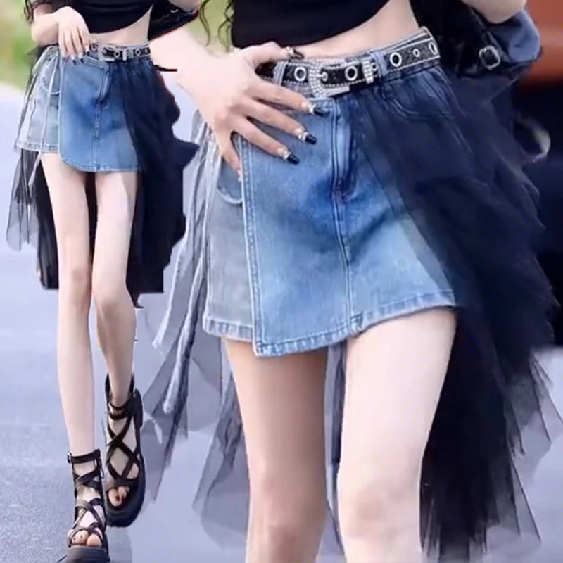 气质百褶短裙裤时尚薄款设计感网纱裙拼接减龄辣妹牛仔裙半身裙女