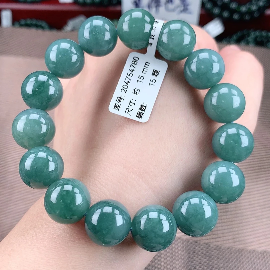 正品天然翡翠A货15m男士大卡位国潮蓝水翡翠手串渐变幽灵精美时尚