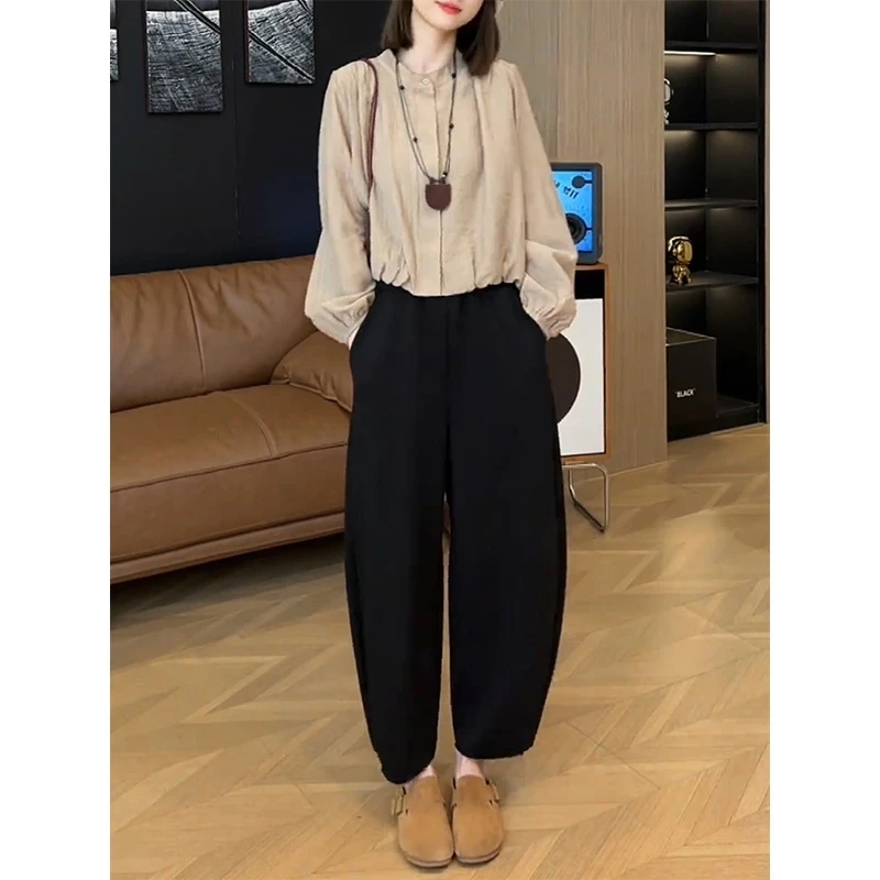 法式长袖衬衫套装女2025早秋新款感减龄小衫高腰哈伦裤两件套