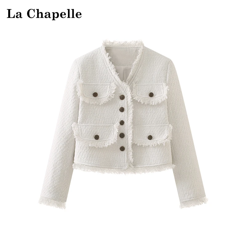 拉夏贝尔法式V领气质毛边假口袋小香风短外套女春季新款高级时尚