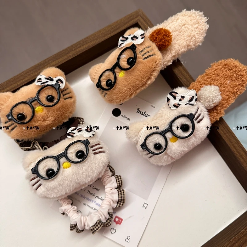 新款豹纹猫咪毛绒发圈可爱高马尾发绳头绳少女发饰大肠发圈