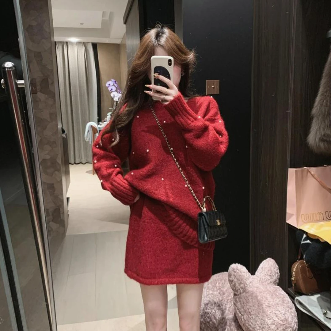 新年圣诞氛围感亲肤软糯重工钉珠显瘦针织毛衣高腰松紧半身裙套装