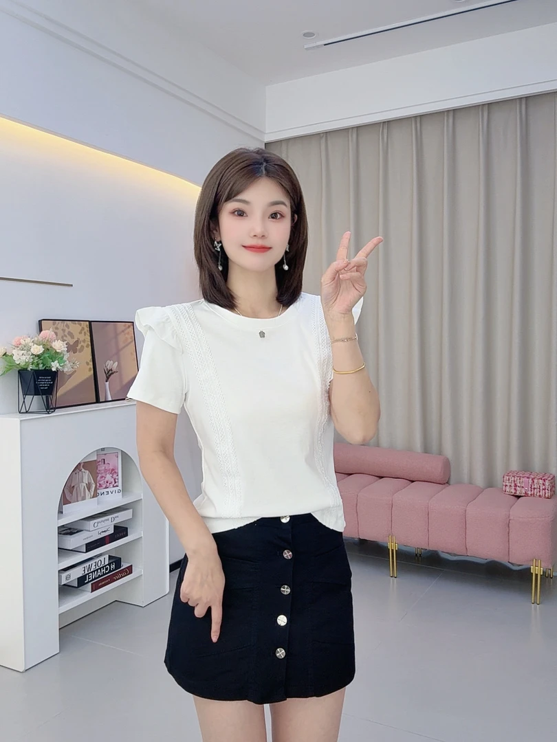 【萧萧】蕾丝显瘦气质时尚百搭夏季修身拼接百搭女棉洋气版t恤