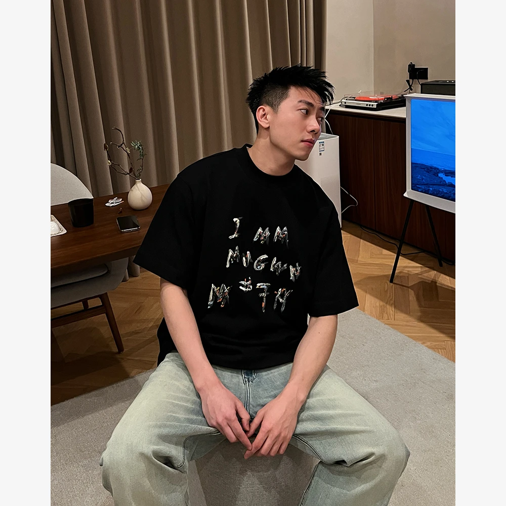 YIHAO STUDIO夏季新款男士时尚英文涂鸦T恤纯棉休闲宽松圆领短袖