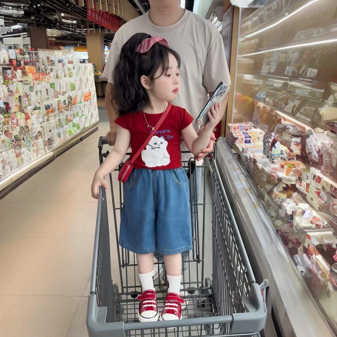 女童套装夏季2025新款洋气女宝宝夏装卡通短袖时髦牛仔短裤两件套