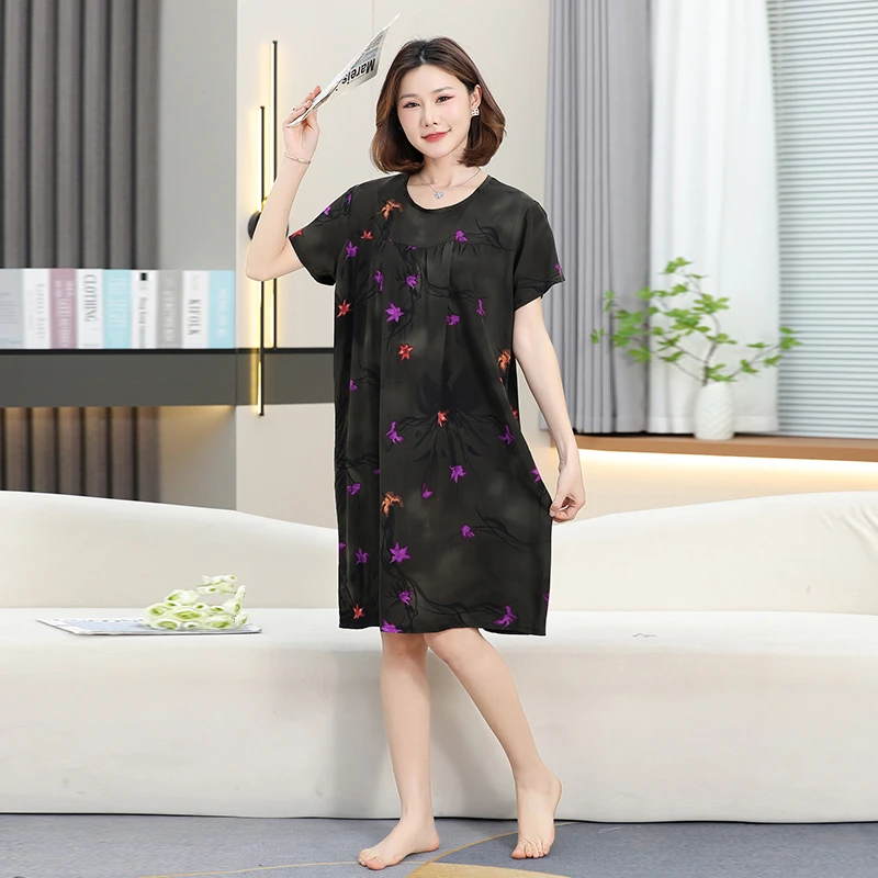 夏季薄款印花睡裙女2025新款宽松圆领短袖睡衣可外穿绵绸连衣裙潮