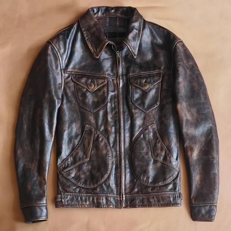 马皮擦色男士翻领机车服皮衣夹克冬外套 马皮门多萨【擦色】