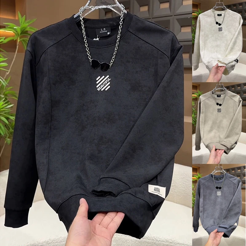 春秋时尚男士简约纯色扎染圆领卫衣拼接字母刺绣百搭宽松痞帅上衣