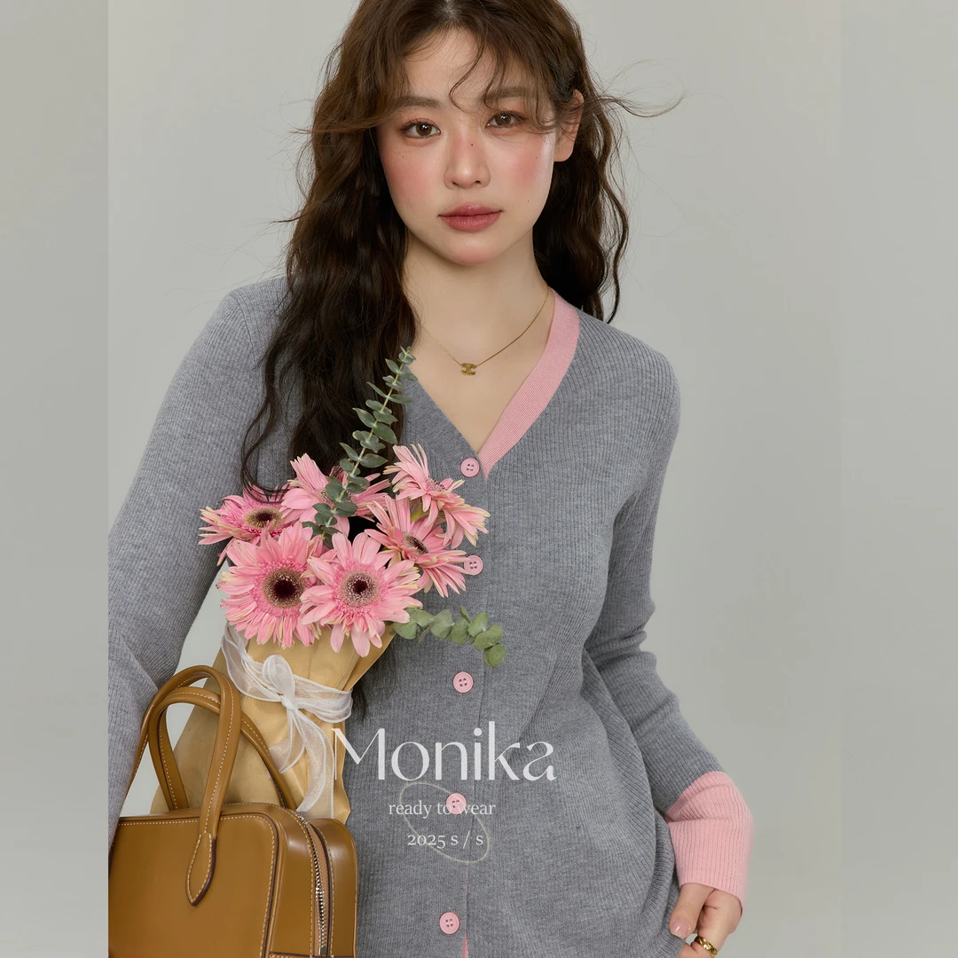 大码女装撞色假两件V领针织开衫2025春季新款毛衣外套上衣L22836