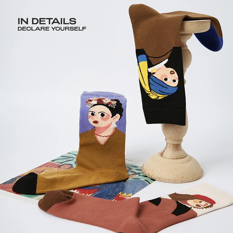 原创油画风女袜复古艺术名画人物印花中筒袜百搭精梳棉ins袜5双