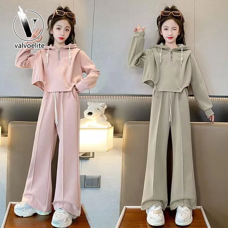 VALVOELITE韩版童装女童运动套装秋季连帽长袖卫衣两件套纯色潮流