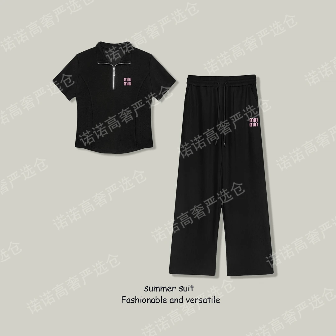 2025夏季新款时尚休闲气质减龄套装设计感半拉链字母刺绣两件套女
