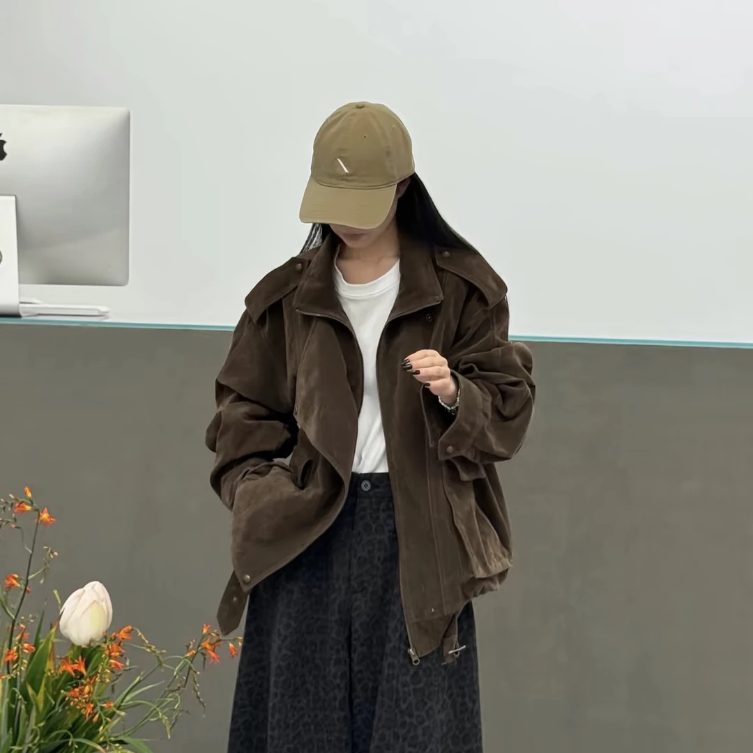 韩版宽松休闲百搭设计感拉链小众麂皮绒夹克外套
