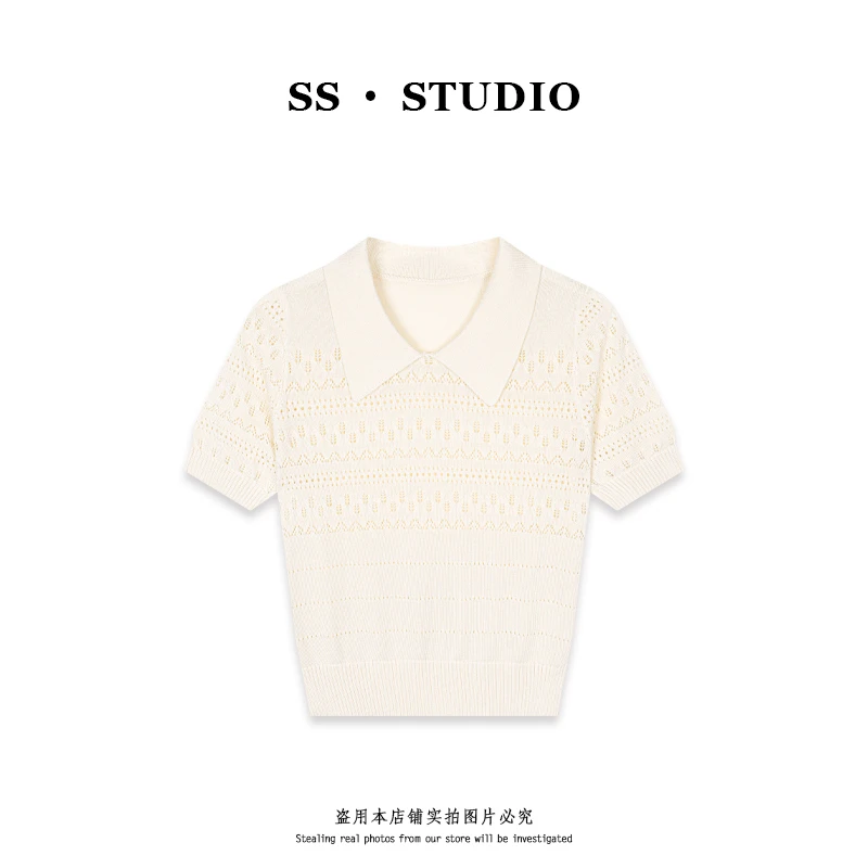 【SUSU】夏季翻领镂空肌理感短袖针织上衣冰丝薄款SS-5462