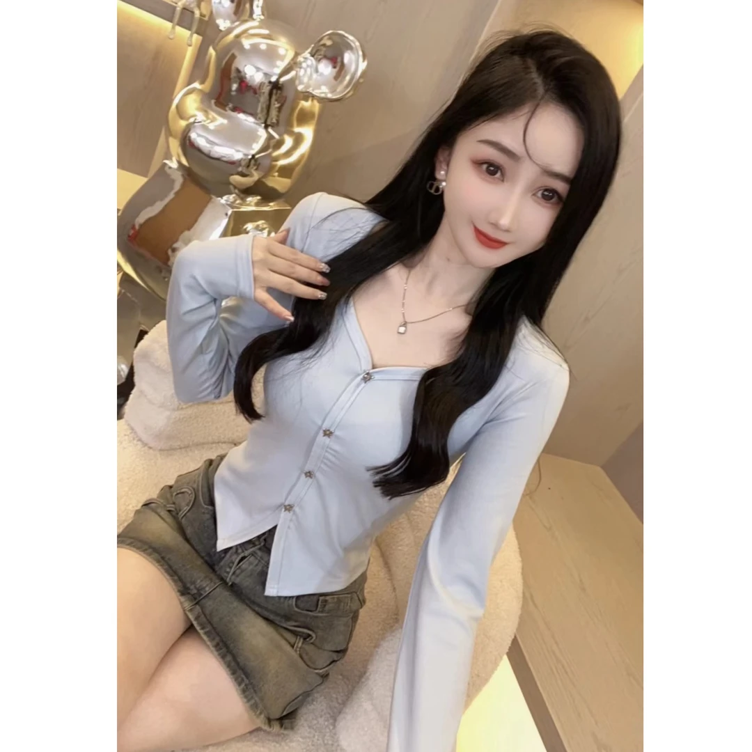 【奈奈303扣子V领性感】2025春款新品打底衫女长袖内搭女款