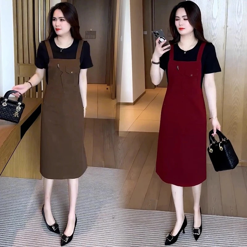 牛仔连衣裙女2025夏季新款洋气休闲显瘦假两件拼接中长款背带裙子