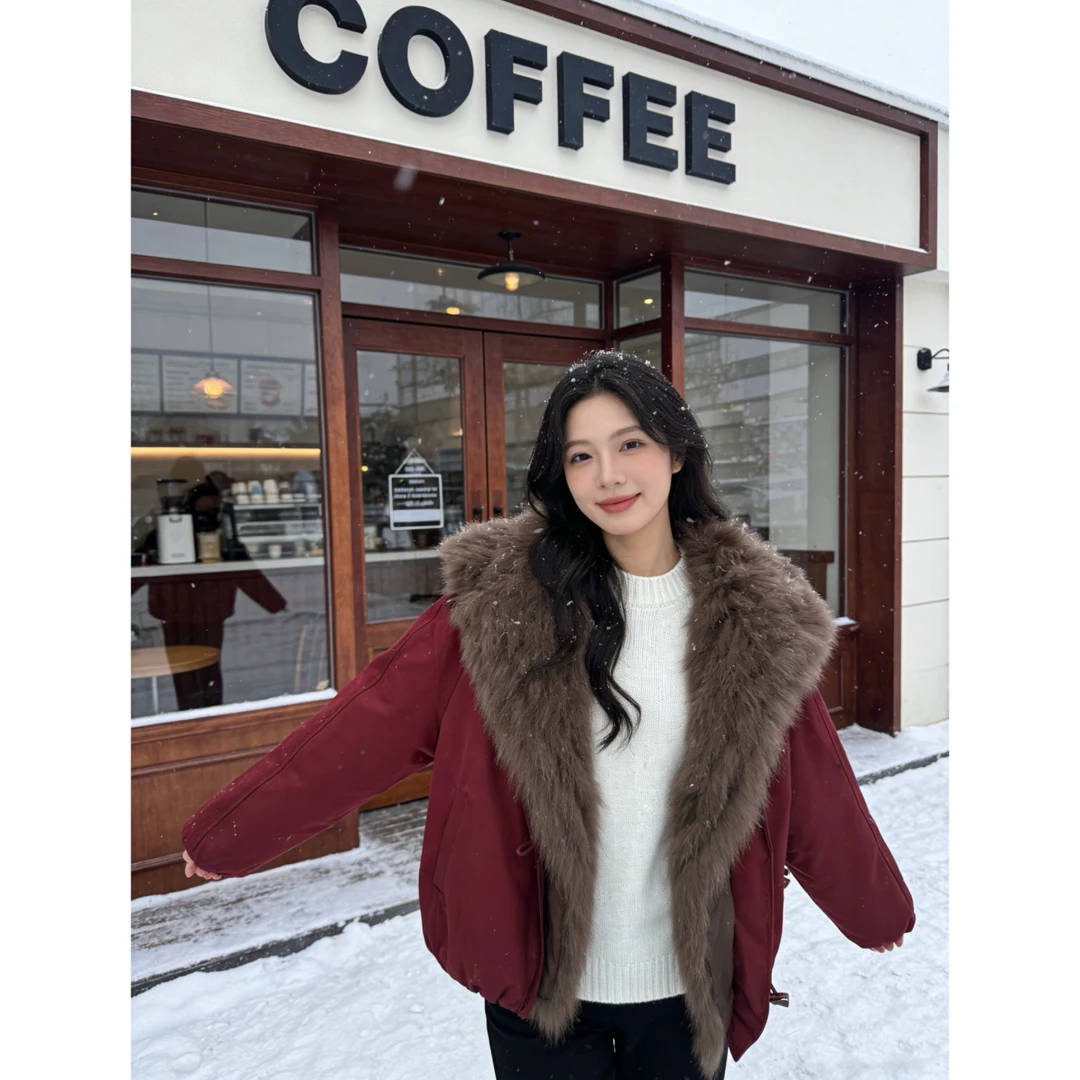 妮妮家2502冬季新款时尚毛毛大翻领气质百搭羽绒服外套