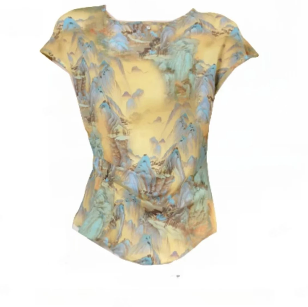 2025夏季新款气质优雅时尚山水画印花收腰褶皱上衣